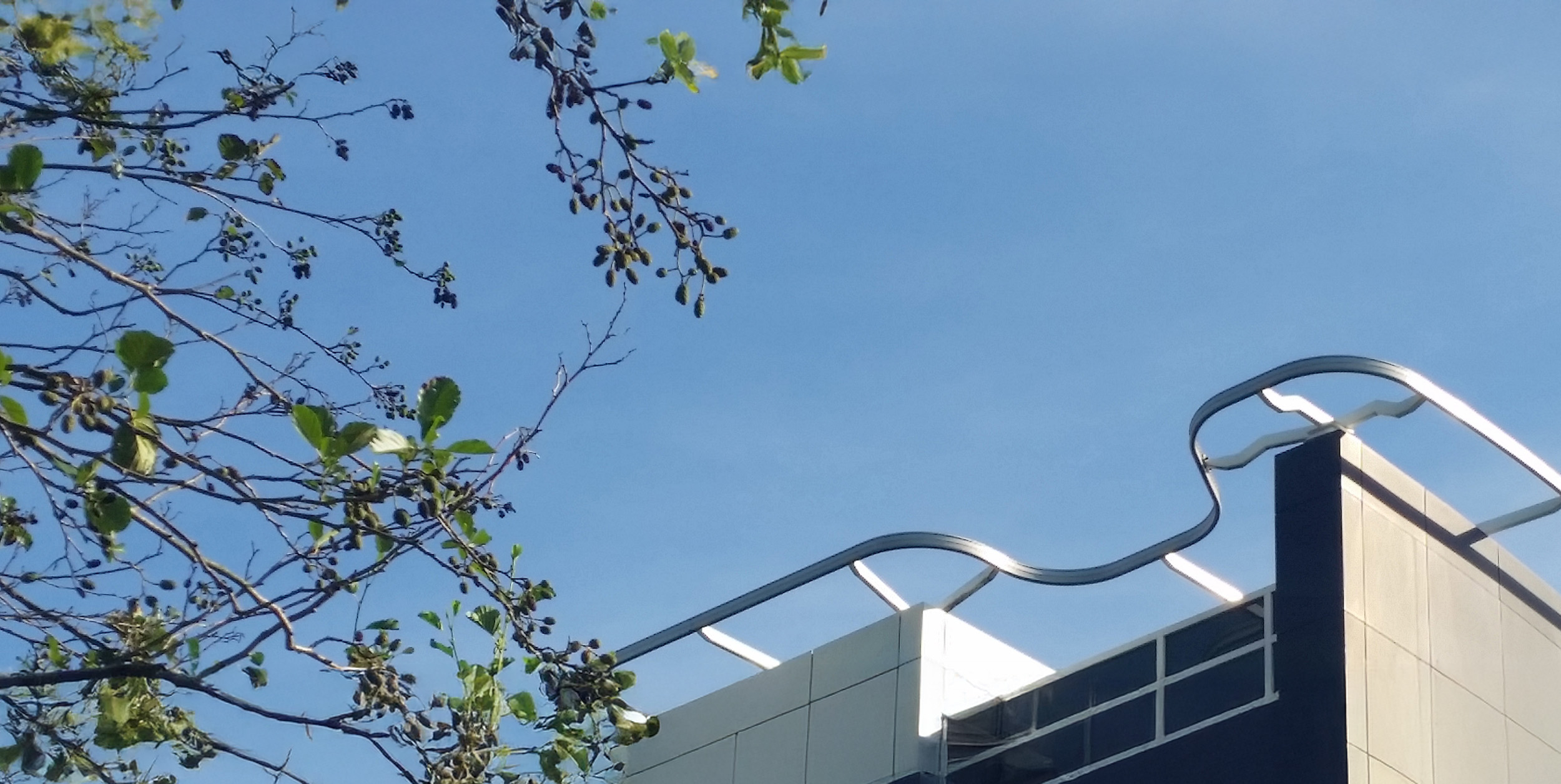 Dakrand van een bedrijfsgebouw met vaste gevelonderhoudsinstallatie voor veilig werken op hoogte.